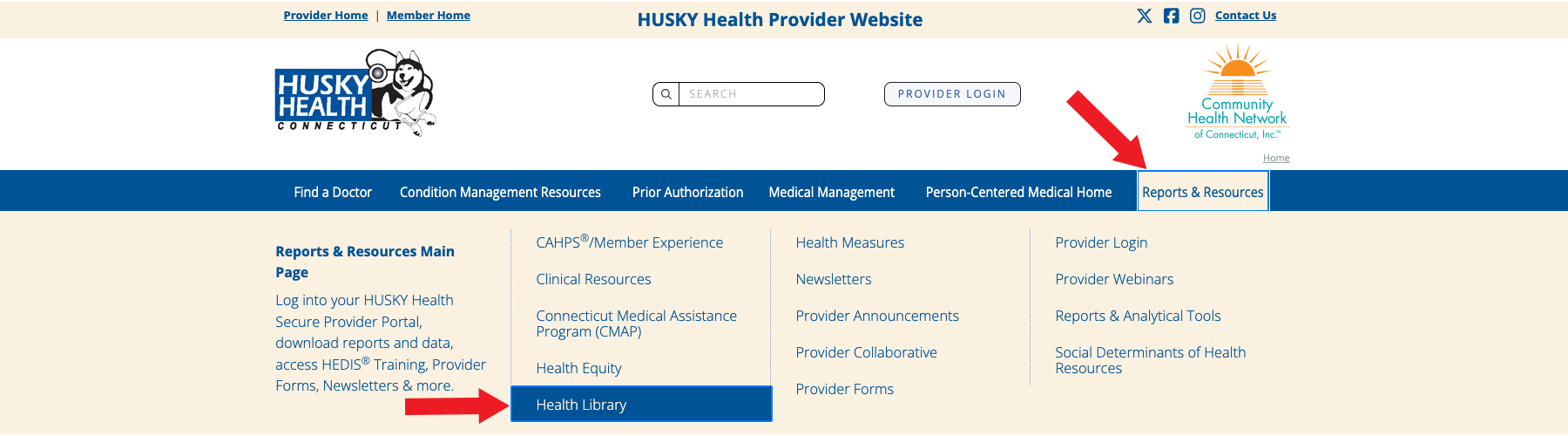 HUSKY Health website navigation photo